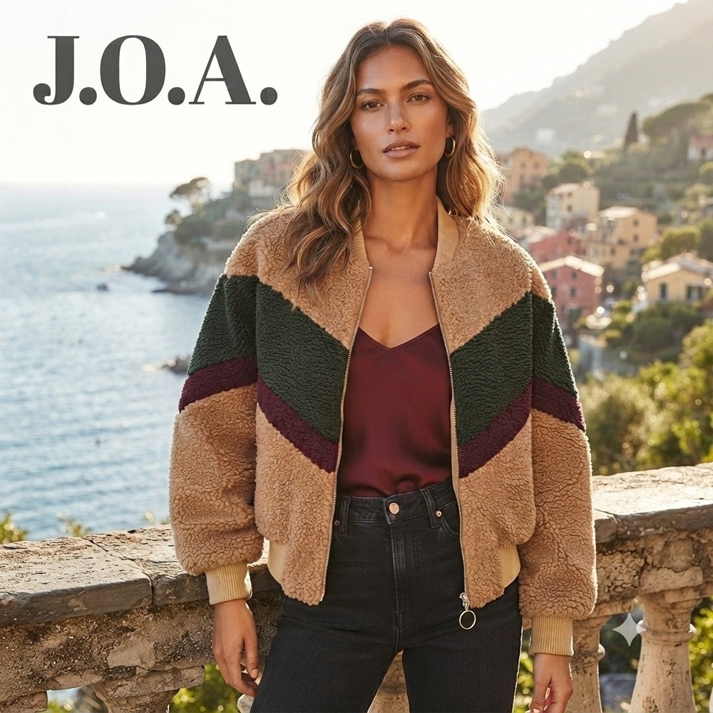 JOA Teddy Bomber Jacket Tan Green Burgundy Chevron Faux Shearling Zip Up Medium